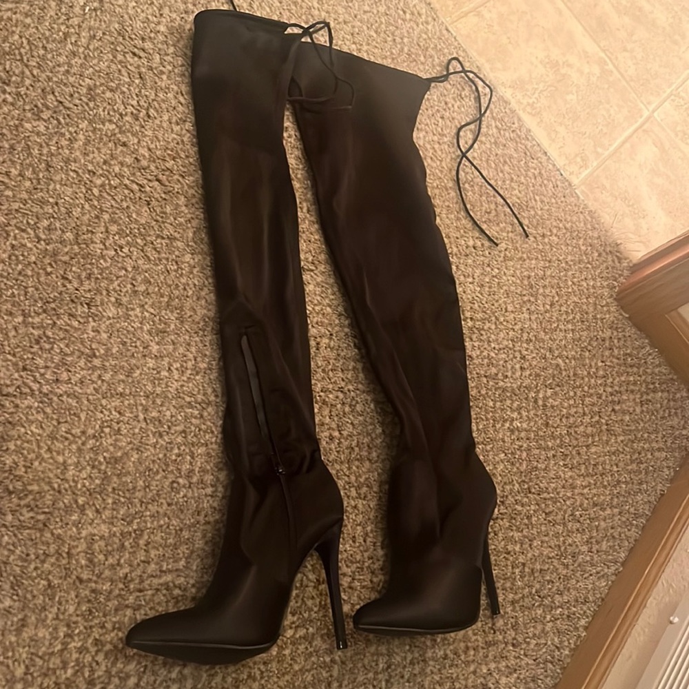 Black satin over the knee boots